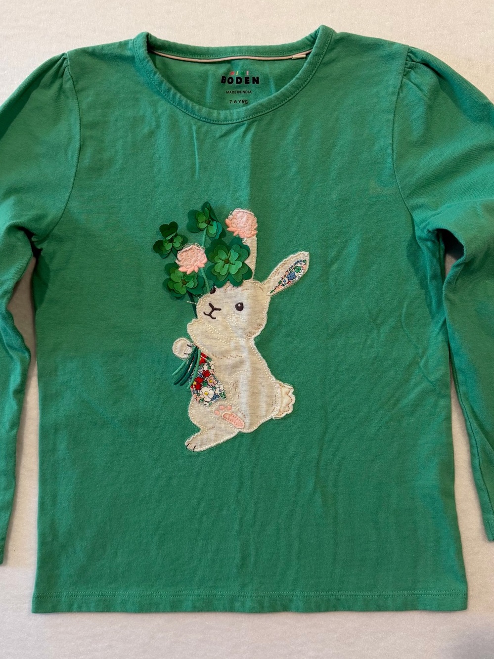 Mini Boden Girls Bunny Clover Graphic Long Sleeve Cotton Tee 7-8 Y Green